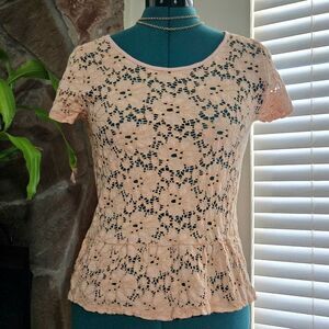 Lowrys Farm Pink Lace Peplum Top Blouse Short Sleeve Medium Coquette Cottagecore